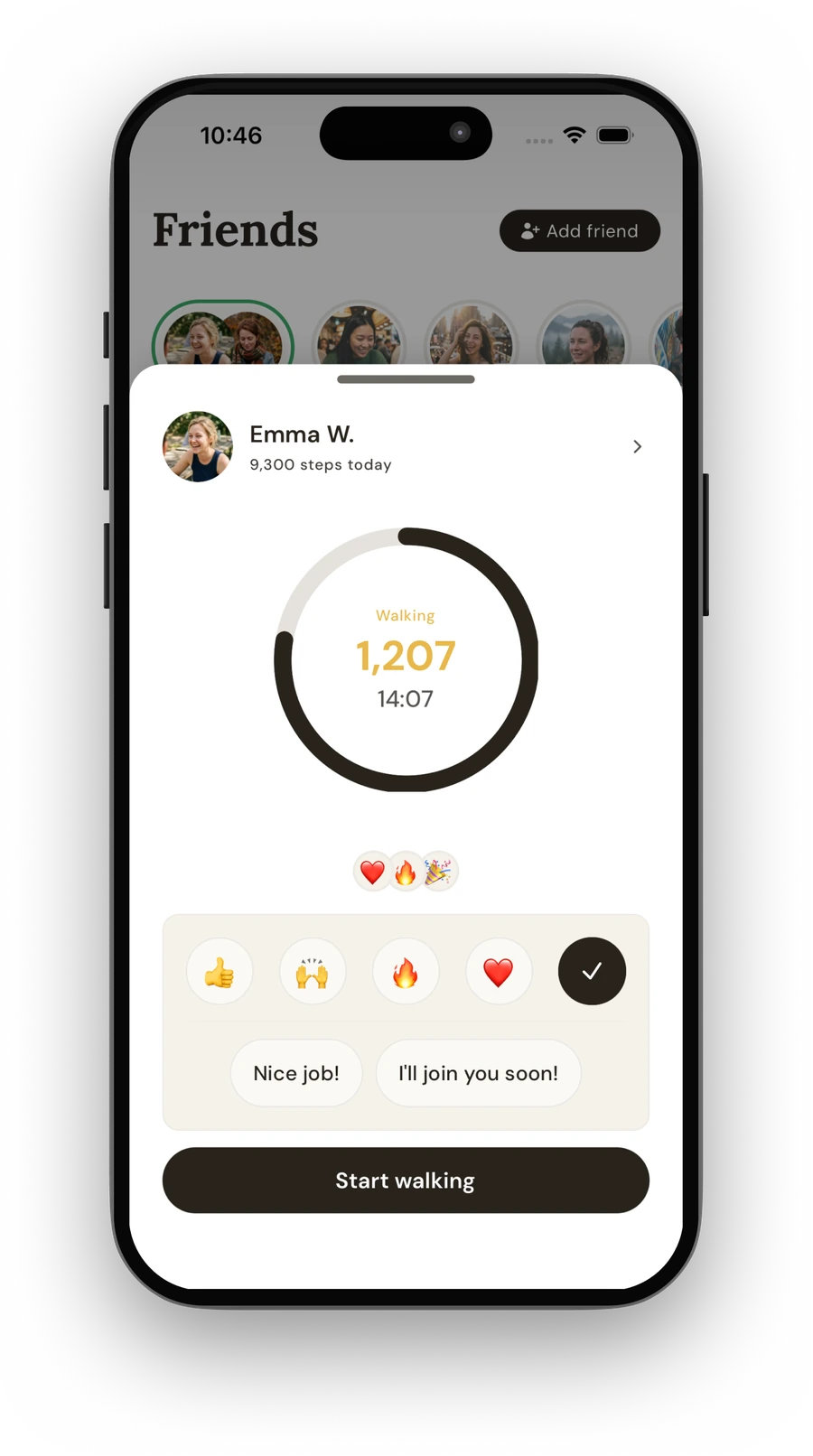 A Steps Club live walk, showing a friend's step ring and quick reactions