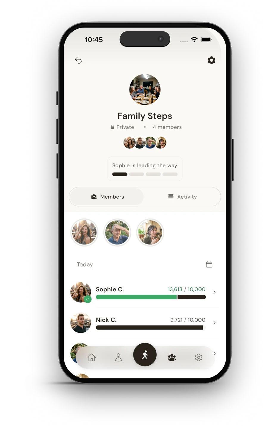 A private Steps Club called Family Steps, showing each member's steps for today