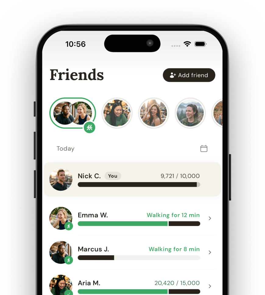 Steps Club friends list showing who is walking right now